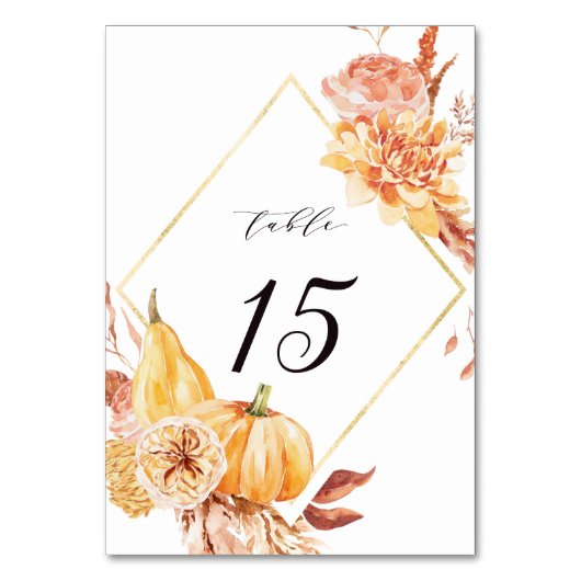 Rustic Fall Gold Floral Pumpkin Hochzeit Tischnummer (Vorderseite)