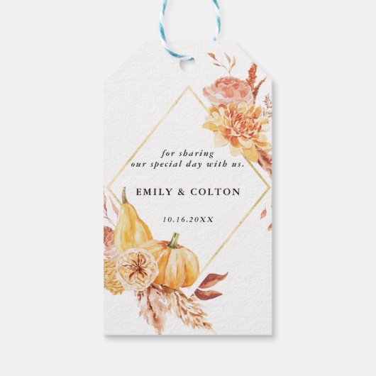 Rustic Fall Gold Floral Pumpkin Hochzeit Vielen Da Geschenkanhänger (Rückseite)