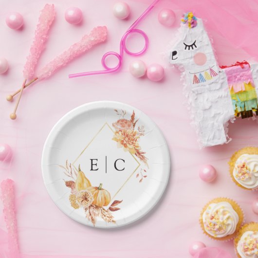 Rustic Fall Gold Floral Pumpkin Wedding Monogram Pappteller (Party)