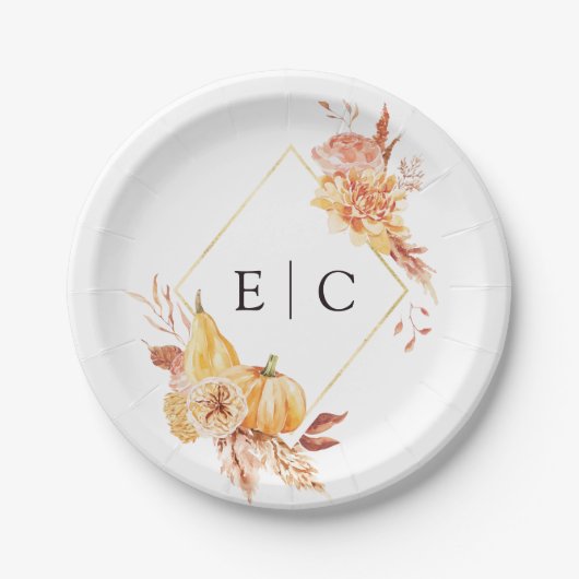 Rustic Fall Gold Floral Pumpkin Wedding Monogram Pappteller (Vorderseite)