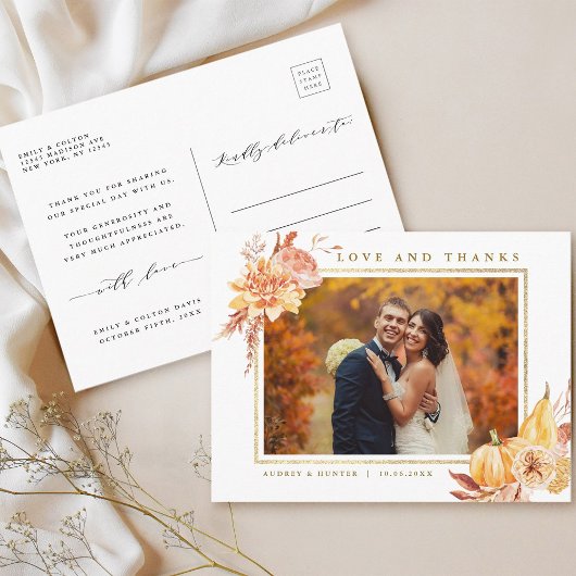Rustic Fall Gold Floral Wedding Foto Vielen Dank Postkarte