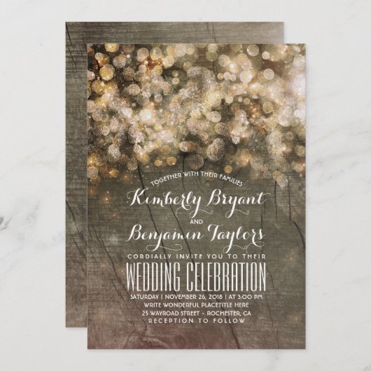 Rustic Fall Gold Glitzer Lights Wood Wedding Einladung (Vorne/Hinten)
