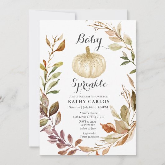 Rustic Fall Greenery White Pumpkin Baby Sprinkle  Einladung (Vorderseite)