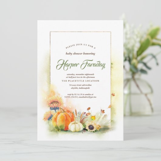 Rustic Fall Harvest Pumpkin Sonnenblumendusche Einladung (Stehend Vorderseite)