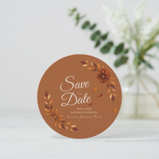 Rustic Fall Leaves Burnt Sienna Beige Wedding Save The Date (Stehend Vorderseite)