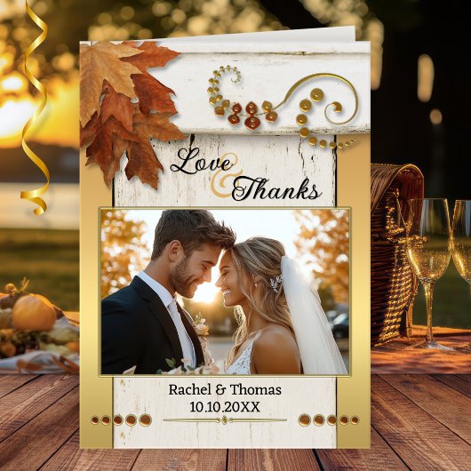 Rustic Fall Leaves Wedding Photo Thank You Card Dankeskarte