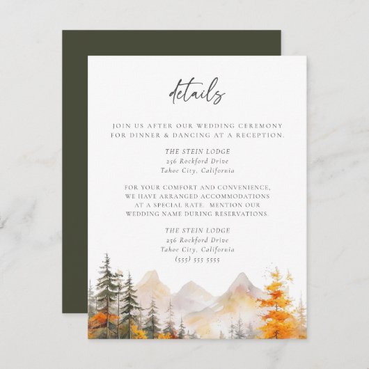 Rustic Fall Mountain Pine Forest Wedding Details Begleitkarte (Vorne/Hinten)