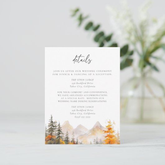 Rustic Fall Mountain Pine Forest Wedding Details Begleitkarte (Stehend Vorderseite)