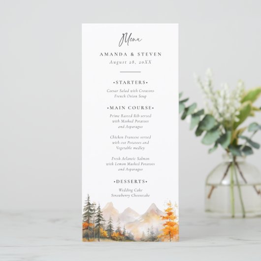 Rustic Fall Mountain Pine Forest Wedding Menükarte (Stehend Vorderseite)