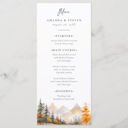 Rustic Fall Mountain Pine Forest Wedding Menükarte (Vorderseite)