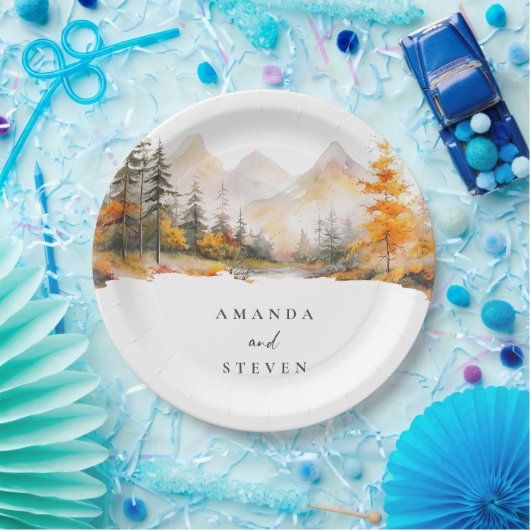 Rustic Fall Mountain Pine Forest Wedding Pappteller (Party)
