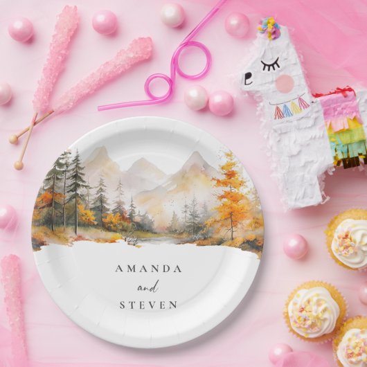 Rustic Fall Mountain Pine Forest Wedding Pappteller (Party)