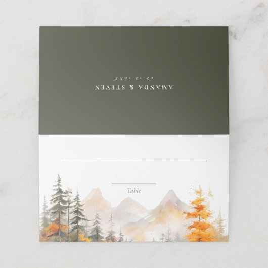 Rustic Fall Mountain Pine Forest Wedding Platzkarte (Außenseite Aufgefaltet)