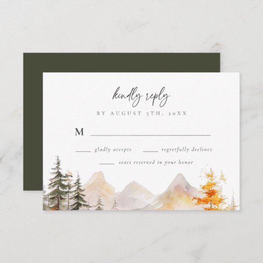 Rustic Fall Mountain Pine Forest Wedding RSVP Karte (Vorne/Hinten)