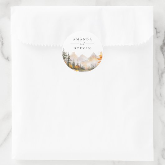 Rustic Fall Mountain Pine Forest Wedding Runder Aufkleber (Tasche)