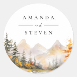 Rustic Fall Mountain Pine Forest Wedding Runder Aufkleber
