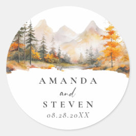 Rustic Fall Mountain Pine Forest Wedding Runder Aufkleber