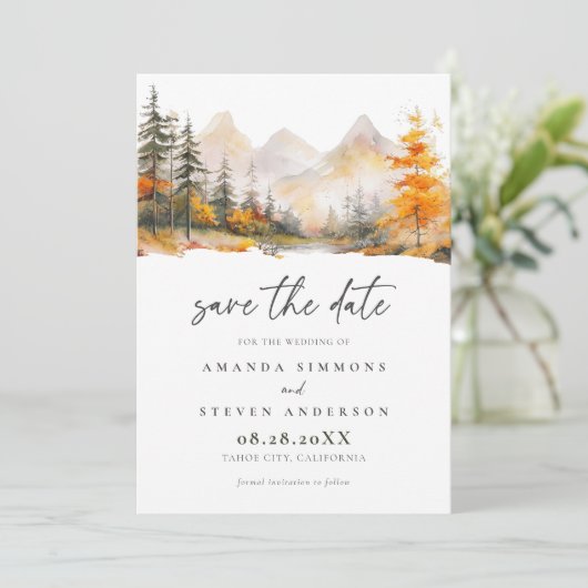 Rustic Fall Mountain Pine Forest Wedding Save The Date (Stehend Vorderseite)