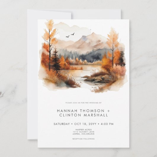 Rustic Fall Mountain Scene Watercolor Wedding Einladung (Vorderseite)