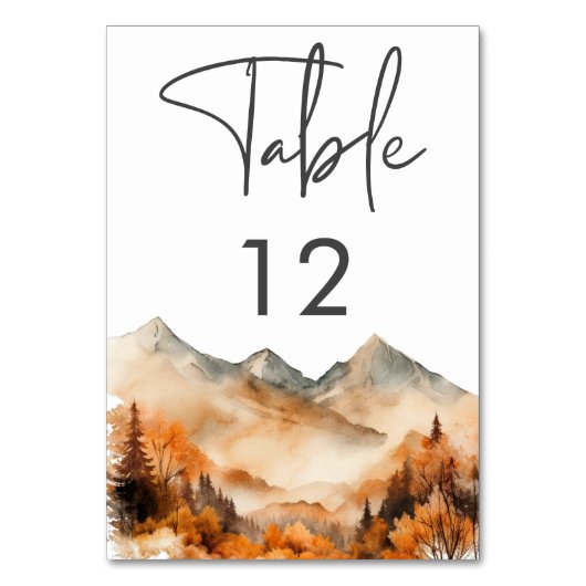 Rustic Fall Mountain Scene Watercolor Wedding Tischnummer (Rückseite)