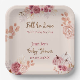 Rustic Fall Pink Pumpkin Fall In Love Baby Shower Pappteller