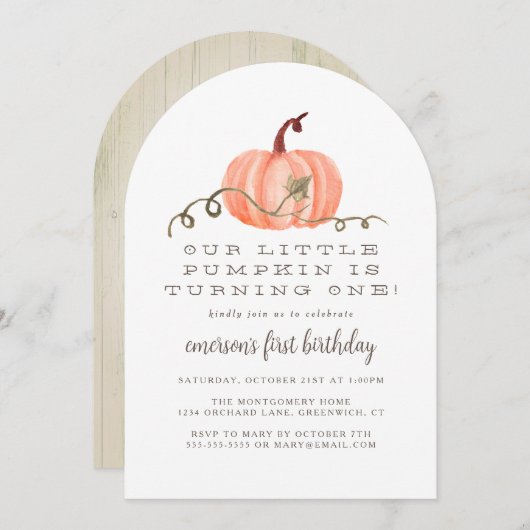 Rustic Fall Pumpkin 1. Geburtstag Einladung (Vorne/Hinten)