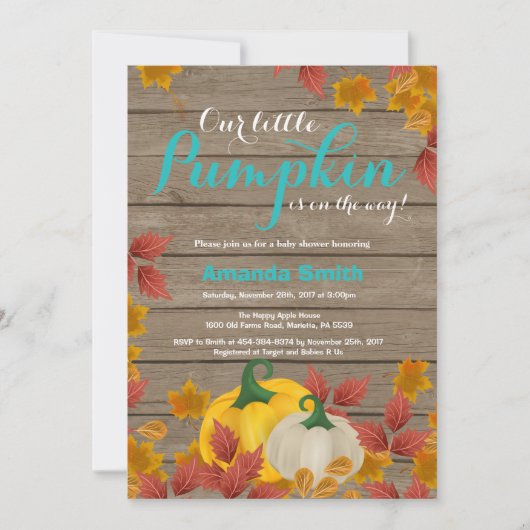 Rustic Fall Pumpkin Aqua Baby Dusche Einladung (Vorderseite)
