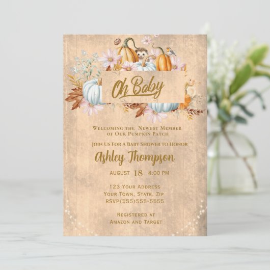Rustic Fall Pumpkin Baby Shower Einladung (Stehend Vorderseite)