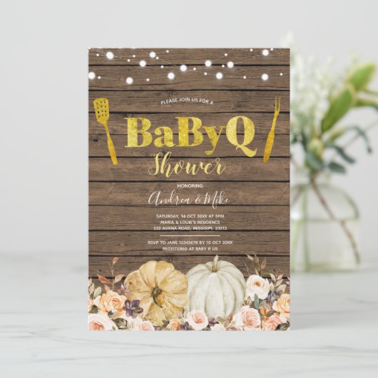 Rustic Fall Pumpkin BabyQ Baby Shower Einladung (Stehend Vorderseite)
