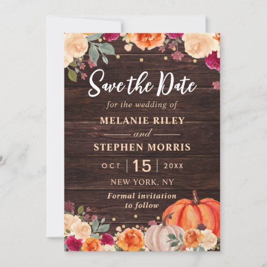 Rustic Fall Pumpkin Blütenhochzeit retten das Datu Save The Date (Vorderseite)