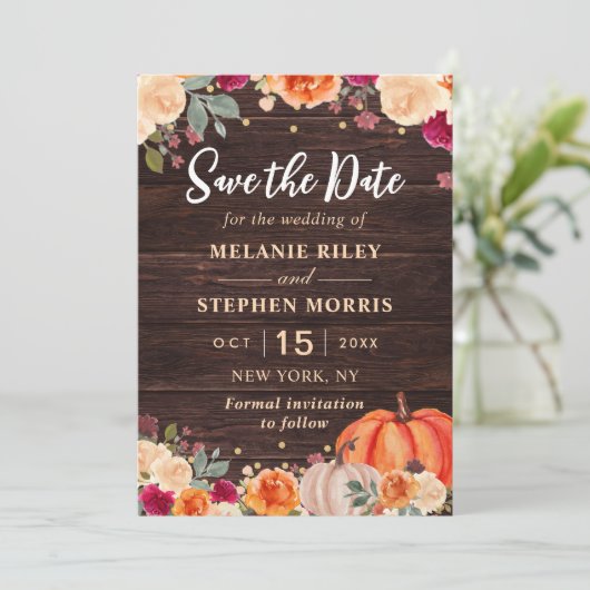 Rustic Fall Pumpkin Blütenhochzeit retten das Datu Save The Date (Stehend Vorderseite)