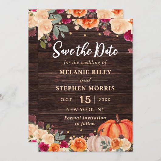 Rustic Fall Pumpkin Blütenhochzeit retten das Datu Save The Date (Vorne/Hinten)