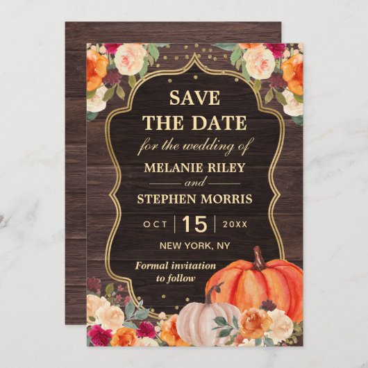 Rustic Fall Pumpkin Blütenhochzeit retten das Datu Save The Date (Vorne/Hinten)