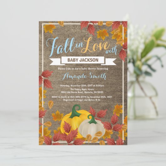 Rustic Fall Pumpkin Boy Baby Dusche Einladung (Stehend Vorderseite)