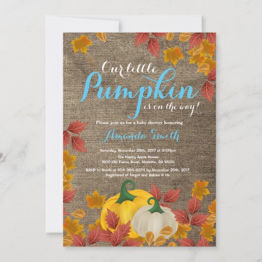 Rustic Fall Pumpkin Boy Baby Dusche Einladung (Vorderseite)