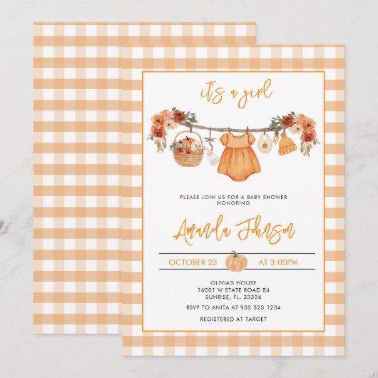 Rustic Fall Pumpkin Clothesline Babydusche Einladung (Vorne/Hinten)