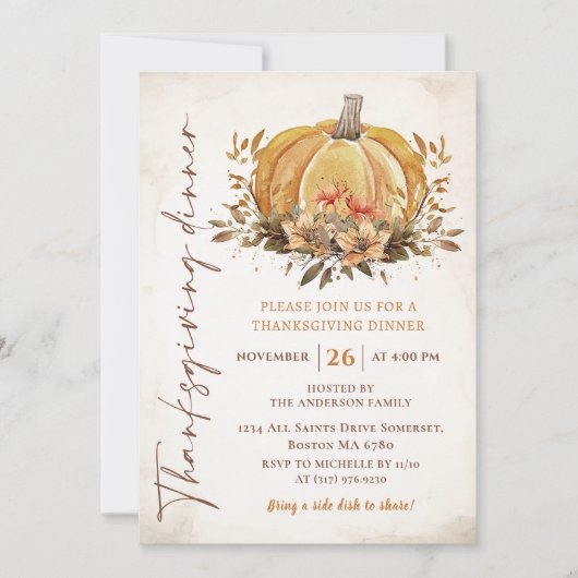 Rustic Fall Pumpkin Erntedank Dinner Einladung (Vorderseite)