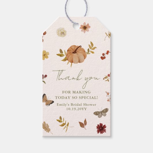 Rustic Fall Pumpkin Floral Bridal Shower Thank You Geschenkanhänger (Vorderseite)