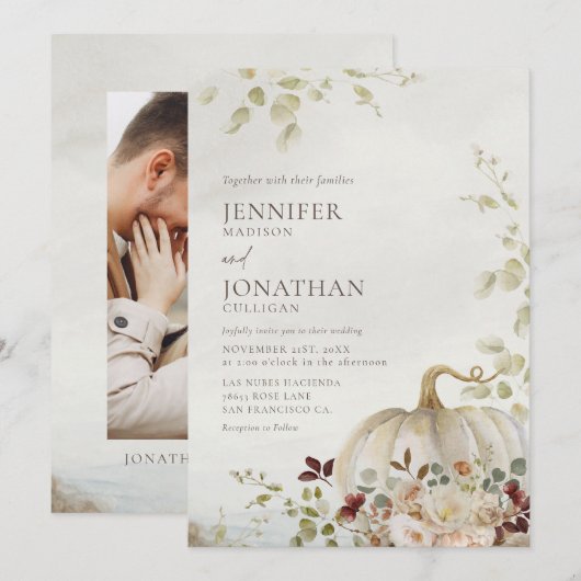 Rustic Fall Pumpkin Floral Wedding Foto Einladung (Vorne/Hinten)