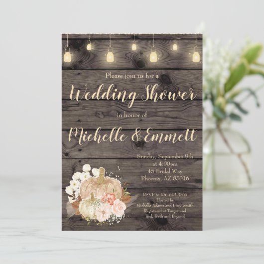 Rustic Fall Pumpkin Gold Polterabend Einladung (Stehend Vorderseite)