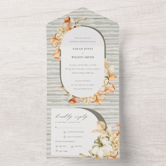 Rustic Fall Pumpkin Leafy Blumenstrauß All In One Einladung (Innen Boden)