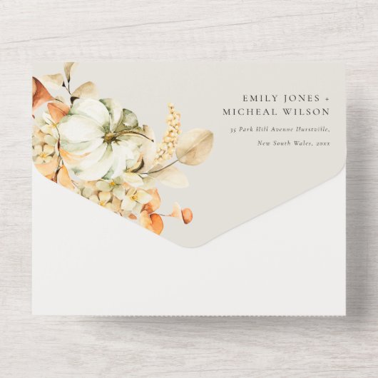 Rustic Fall Pumpkin Leafy Blumenstrauß All In One Einladung (Rückseite)