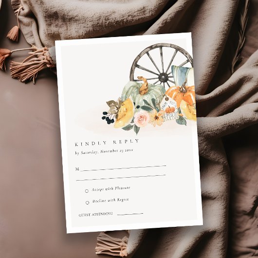 Rustic Fall Pumpkin Leafy Floral Wedding RSVP Begleitkarte
