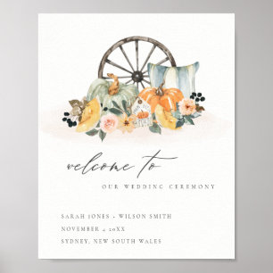 Rustic Fall Pumpkin Leafy Floral Wedding Willkomme Poster