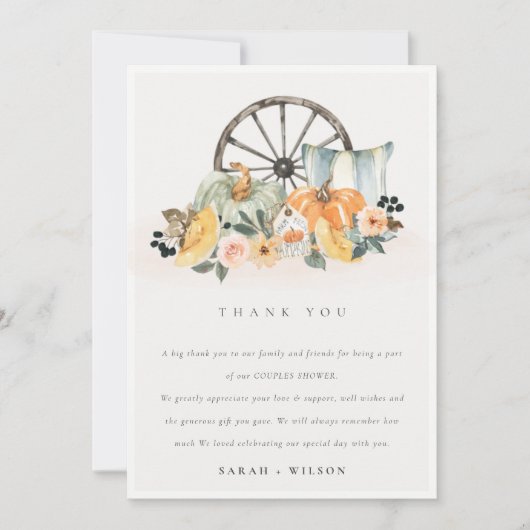 Rustic Fall Pumpkin Leafy Floral Wheel Wedding Dankeskarte (Vorderseite)