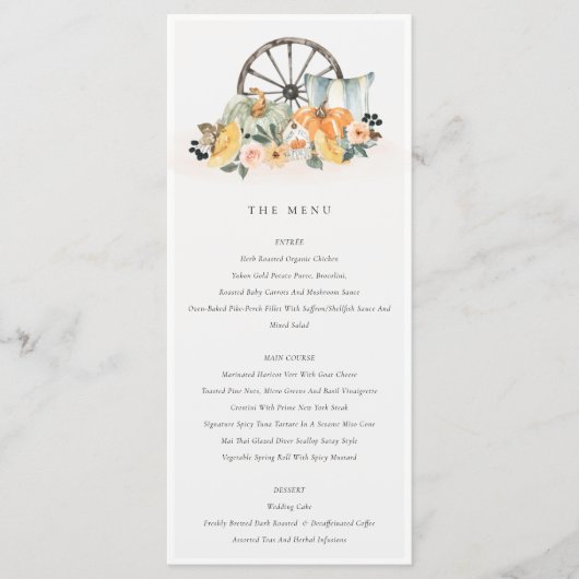 Rustic Fall Pumpkin Leafy Floral Wheel Wedding Menükarte (Vorderseite)