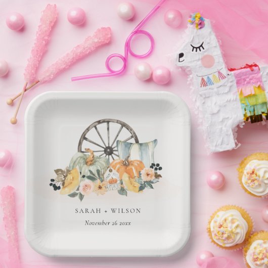 Rustic Fall Pumpkin Leafy Floral Wheel Wedding Pappteller (Party)