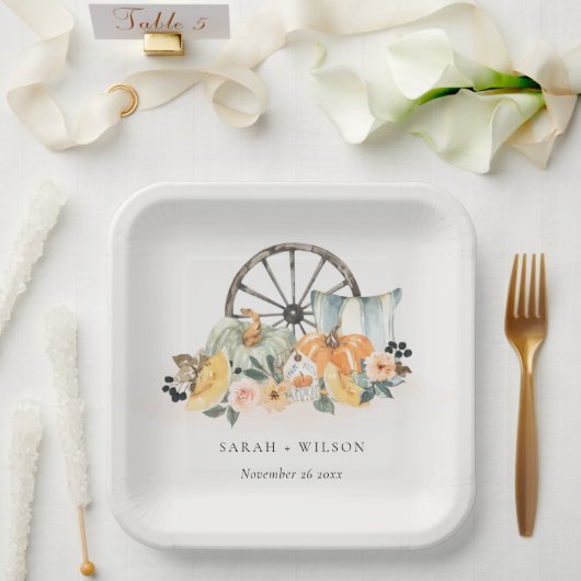 Rustic Fall Pumpkin Leafy Floral Wheel Wedding Pappteller (Hochzeit)