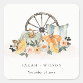 Rustic Fall Pumpkin Leafy Floral Wheel Wedding Quadratischer Aufkleber