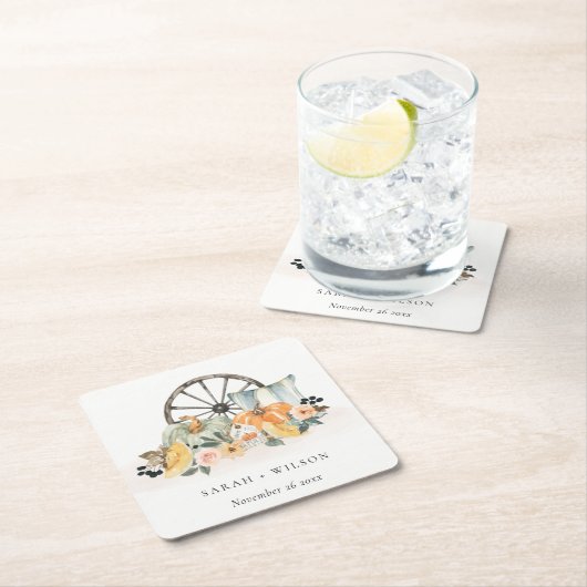 Rustic Fall Pumpkin Leafy Floral Wheel Wedding Rechteckiger Pappuntersetzer (Vor Ort)